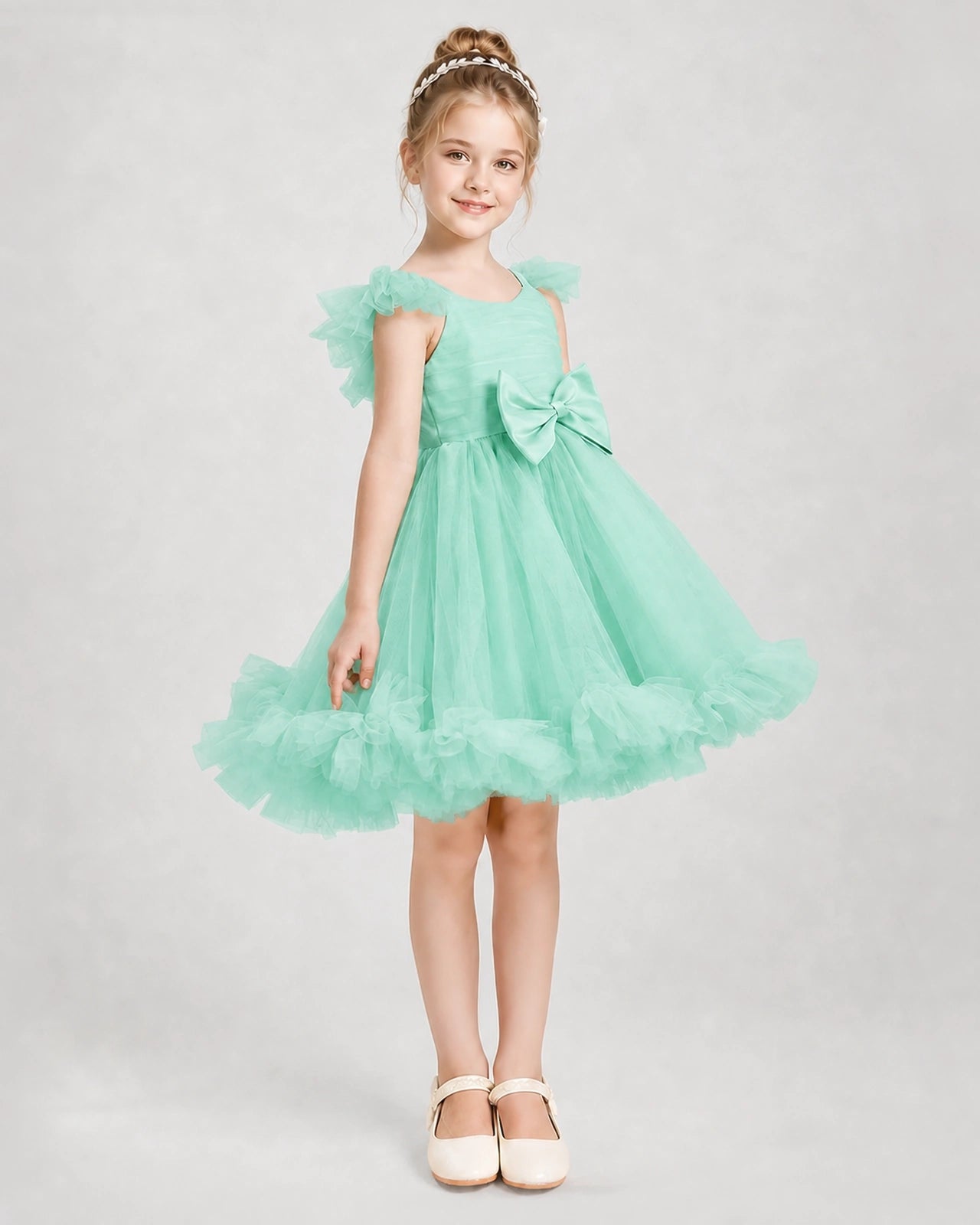 Dideyttawl Girls Formal Dress Ruffle with Bow Tulle Dress