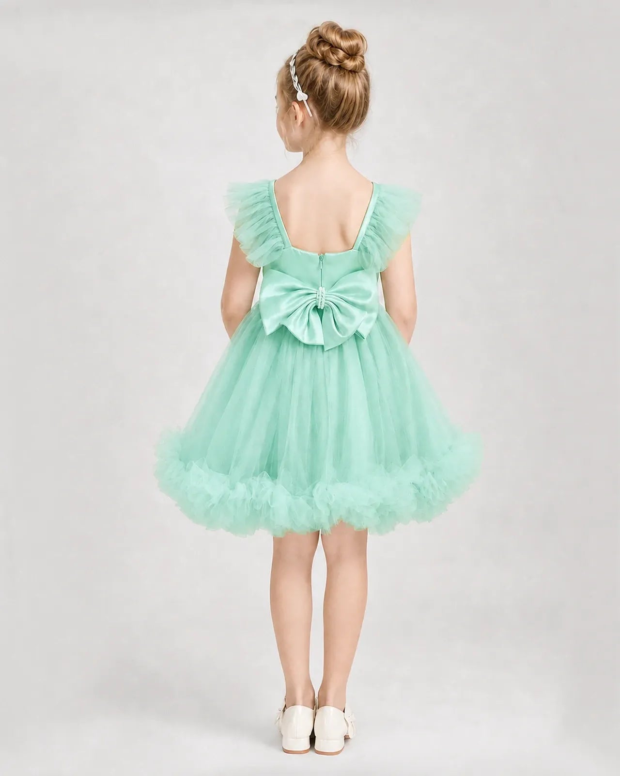 Mint Green Satin Tulle A-line Girls Formal Dress Back View