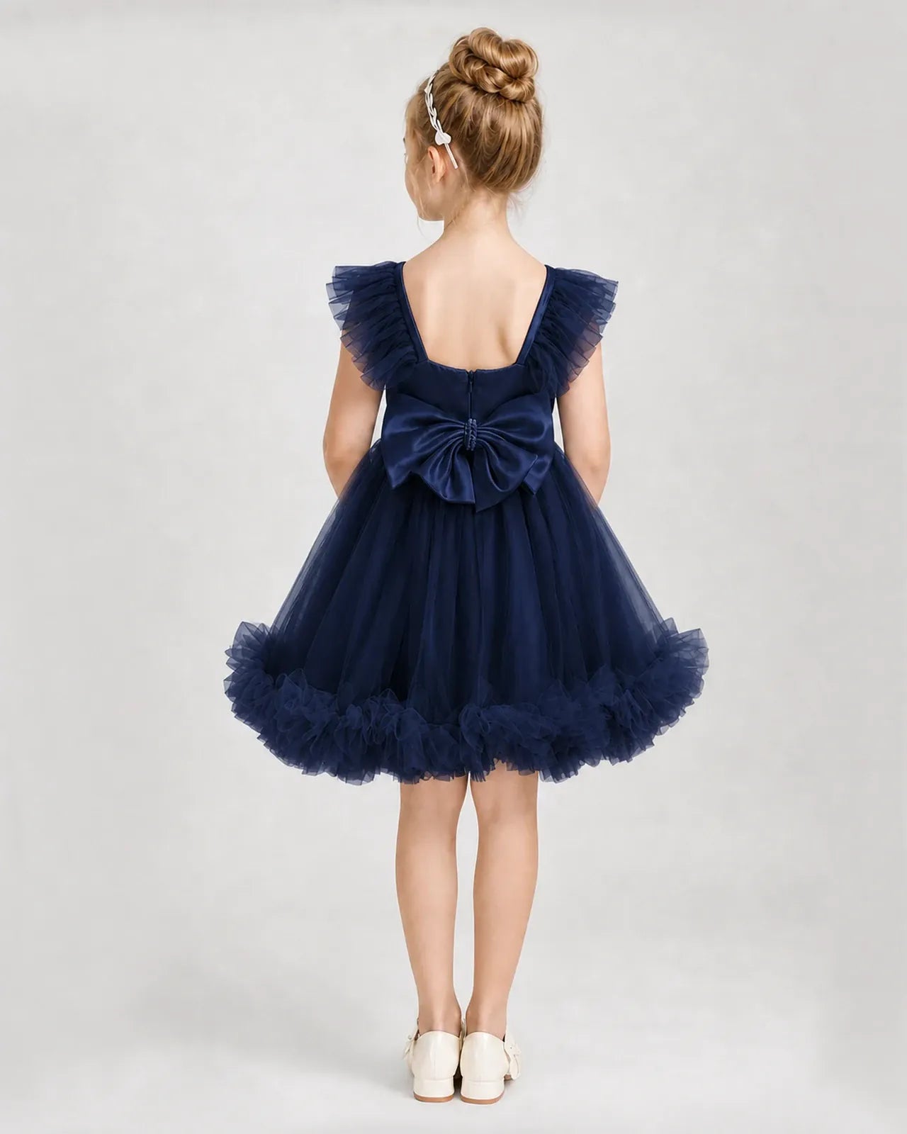 Navy Blue Satin Tulle A-line Girls Formal Dress Back View