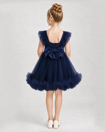 Navy Blue Satin Tulle A-line Girls Formal Dress Back View