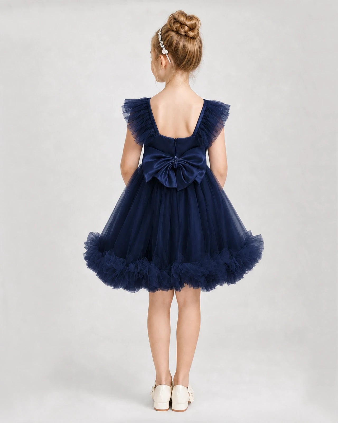 Navy Blue Satin Tulle A-line Girls Formal Dress Back View