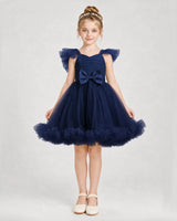 Navy Blue Satin Tulle A-line Girls Formal Dress Front View