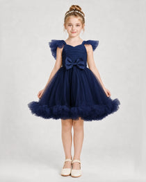 Navy Blue Satin Tulle A-line Girls Formal Dress Front View