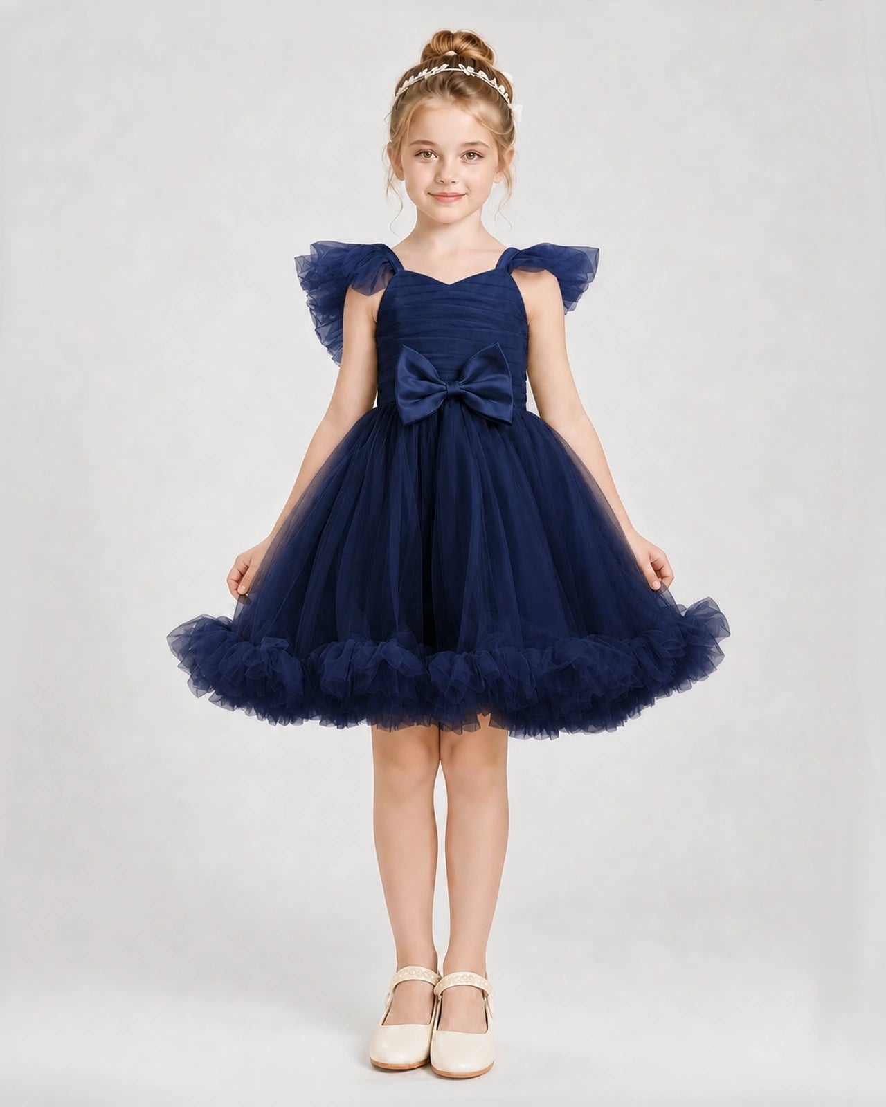 Navy Blue Satin Tulle A-line Girls Formal Dress Front View