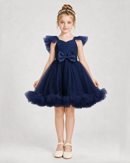 Navy Blue Satin Tulle A-line Girls Formal Dress Front View