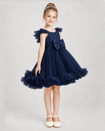 Navy Blue Satin Tulle A-line Girls Formal Dress Side View