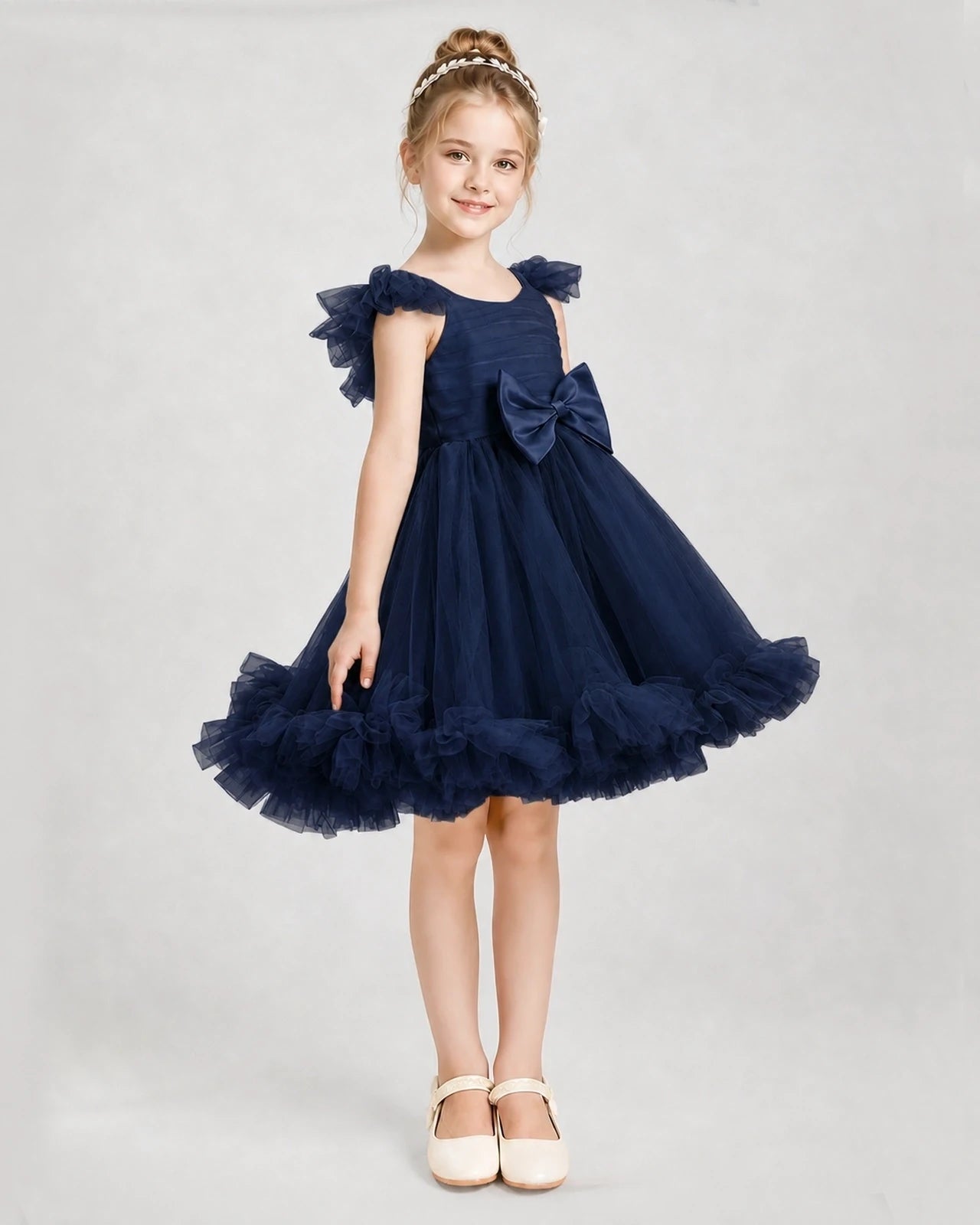 Navy Blue Satin Tulle A-line Girls Formal Dress Side View