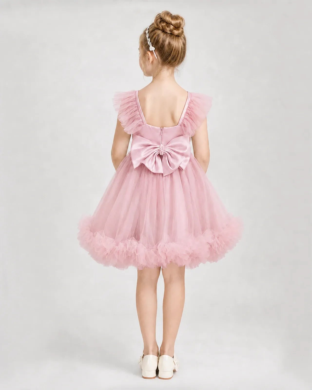 Pink Satin Tulle A-line Girls Formal Dress Back View