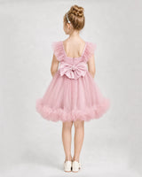 Pink Satin Tulle A-line Girls Formal Dress Back View