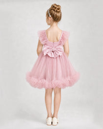 Pink Satin Tulle A-line Girls Formal Dress Back View