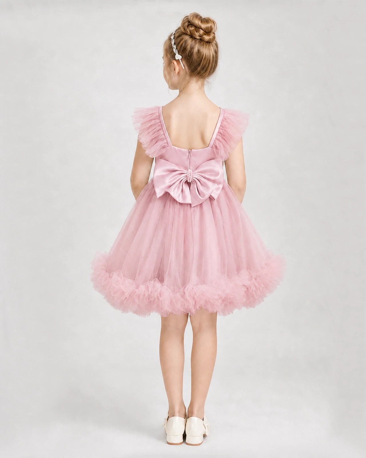 Pink Satin Tulle A-line Girls Formal Dress Back View