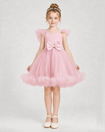 Pink Satin Tulle A-line Girls Formal Dress Front View
