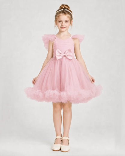 Pink Satin Tulle A-line Girls Formal Dress Front View