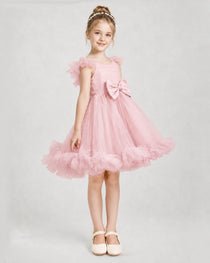 Pink Satin Tulle A-line Girls Formal Dress Side View
