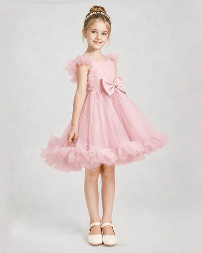Pink Satin Tulle A-line Girls Formal Dress Side View