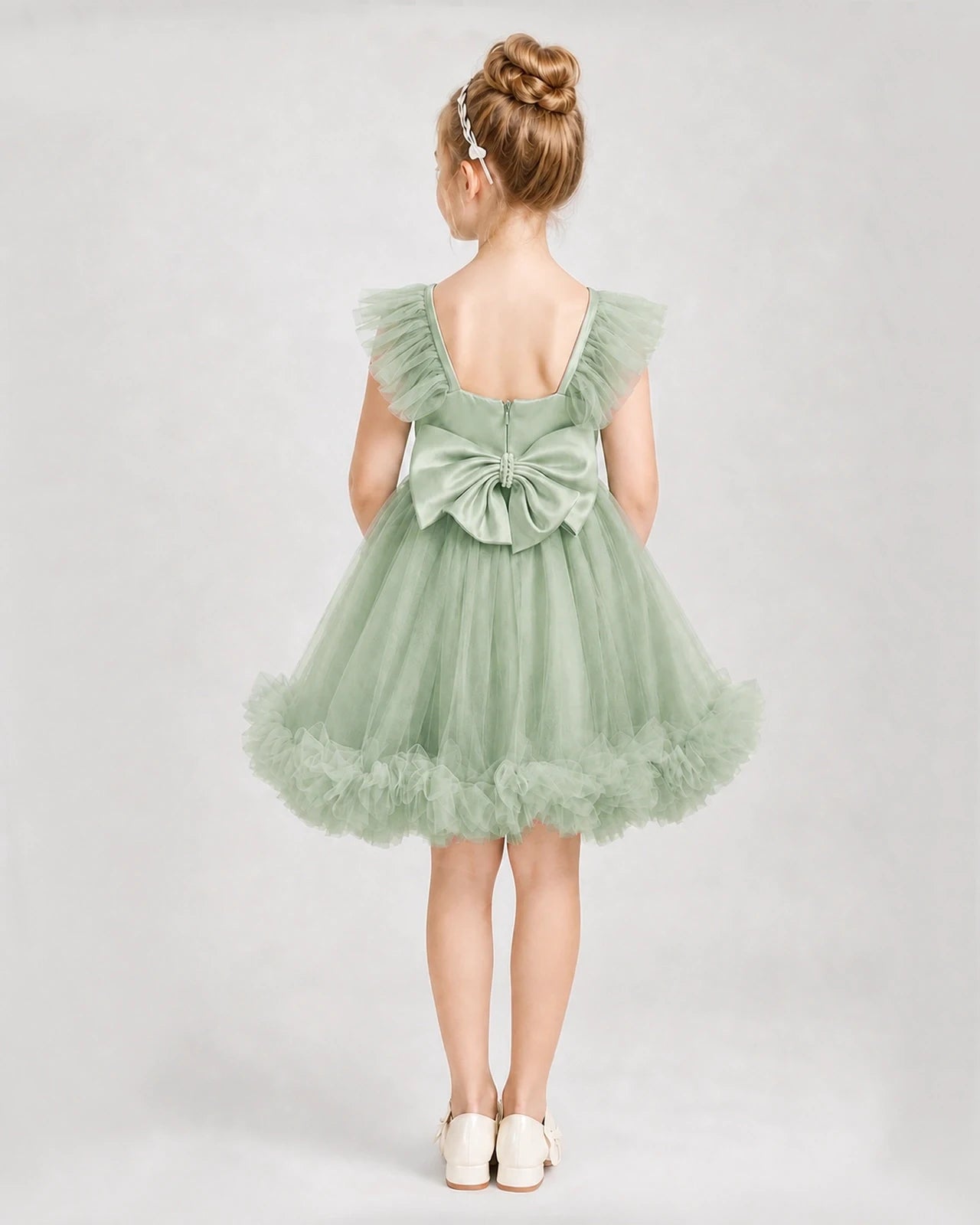 Dideyttawl Tulle Girl Formal Dress with Ruffled Straps & Bows Zweitbild