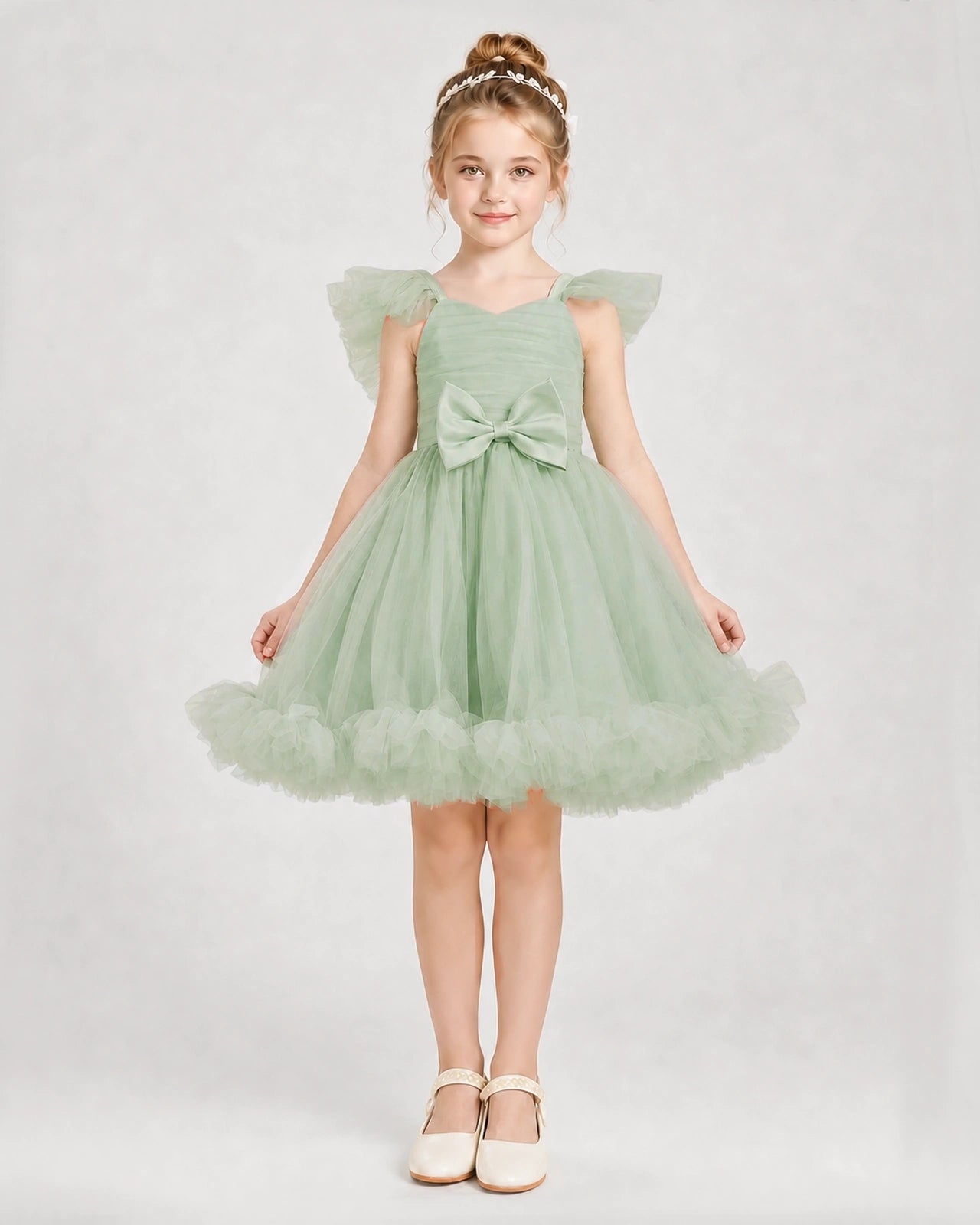 Sage Green Satin Tulle A-line Girls Formal Dress Front View Hauptbild