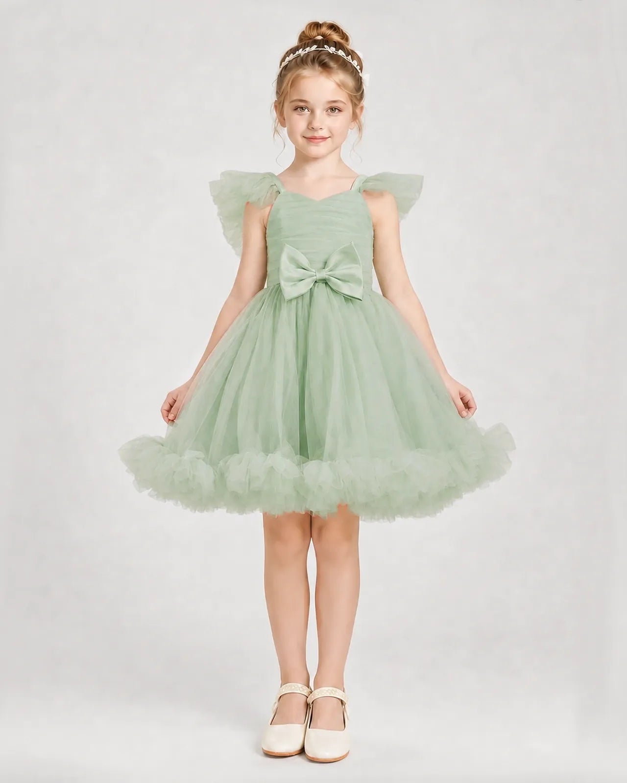 Sage Green Satin Tulle A-line Girls Formal Dress Front View