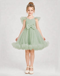 Sage Green Satin Tulle A-line Girls Formal Dress Front View