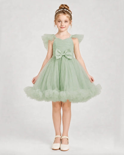 Sage Green Satin Tulle A-line Girls Formal Dress Front View