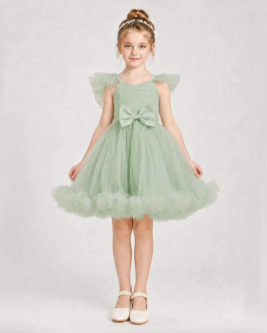 Sage Green Satin Tulle A-line Girls Formal Dress Front View
