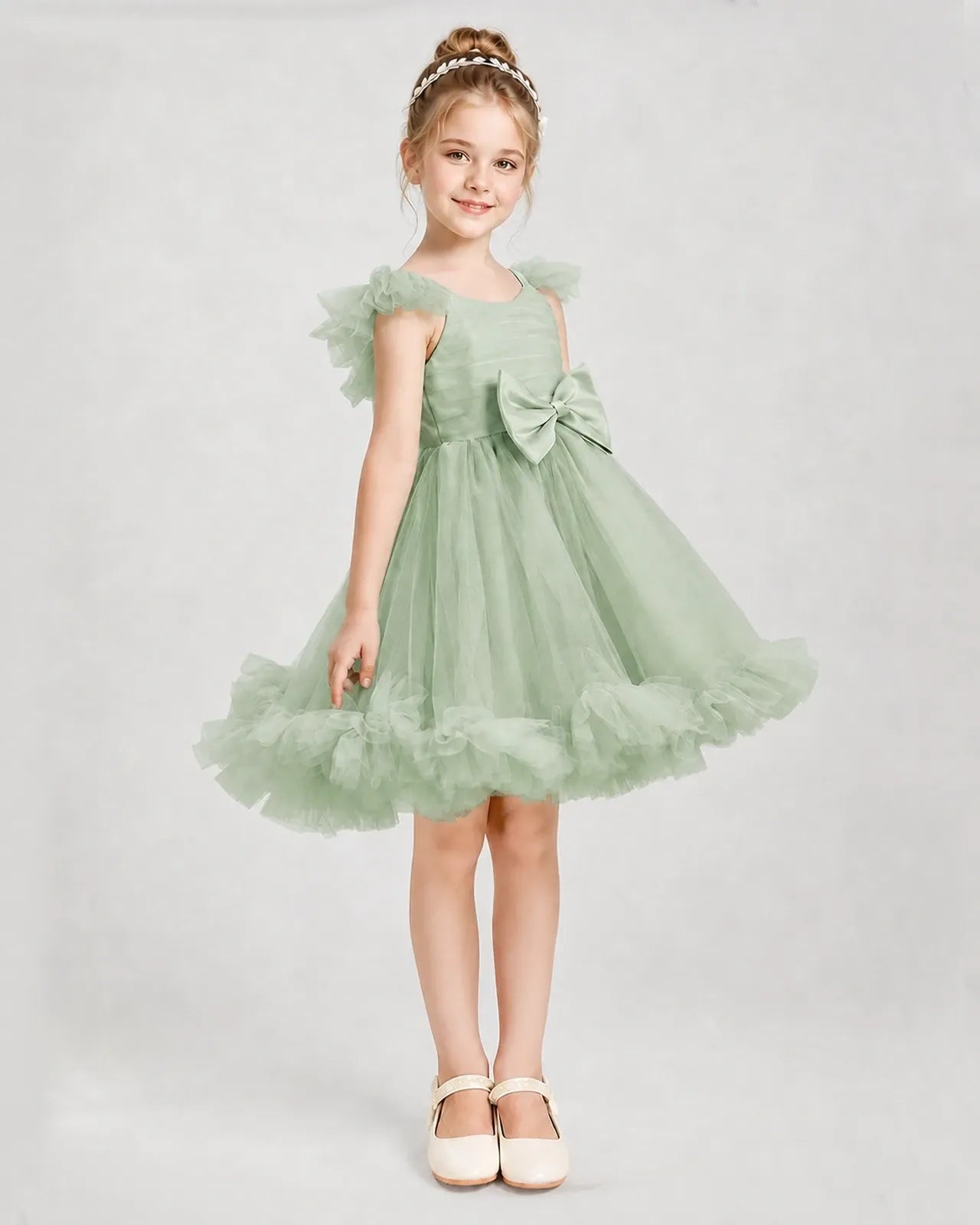 Sage Green Satin Tulle A-line Girls Formal Dress Side View