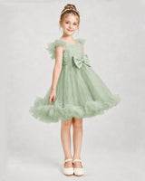 Sage Green Satin Tulle A-line Girls Formal Dress Side View