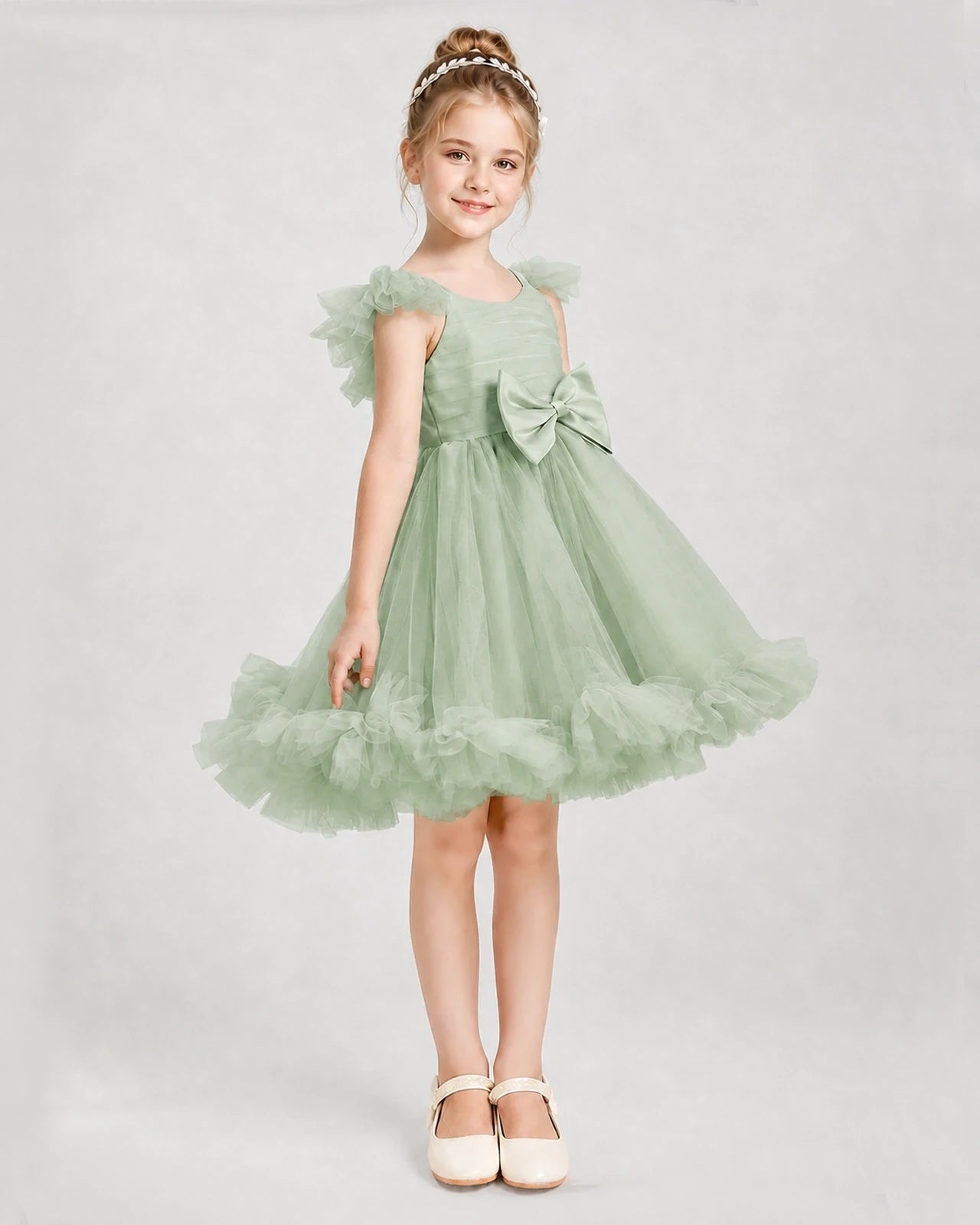 Sage Green Satin Tulle A-line Girls Formal Dress Side View
