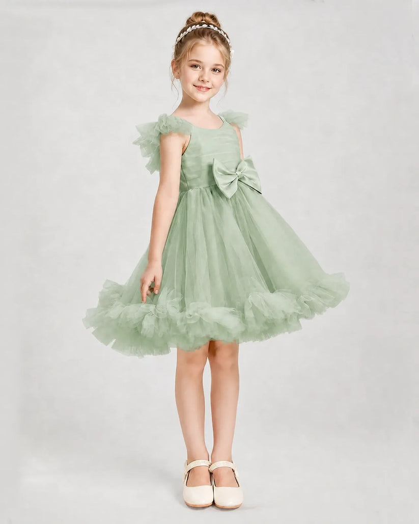 Sage Green Satin Tulle A-line Girls Formal Dress Side View