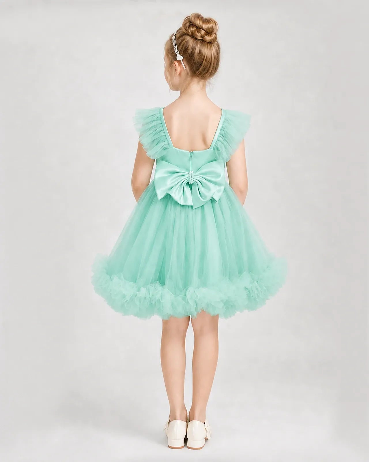 Turquoise Satin Tulle A-line Girls Formal Dress Back View