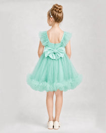 Turquoise Satin Tulle A-line Girls Formal Dress Back View