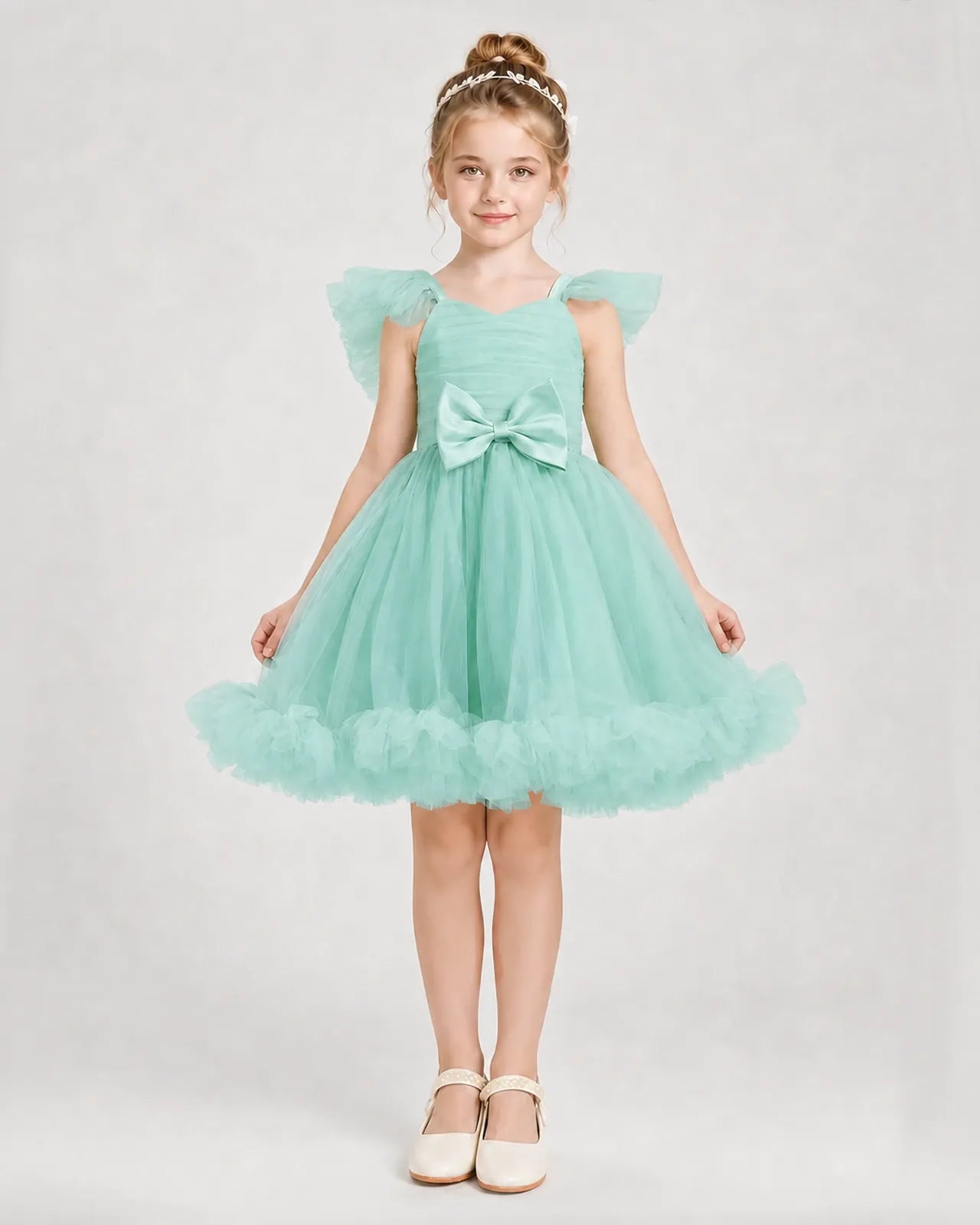 Turquoise Satin Tulle A-line Girls Formal Dress Front View
