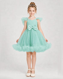 Turquoise Satin Tulle A-line Girls Formal Dress Front View