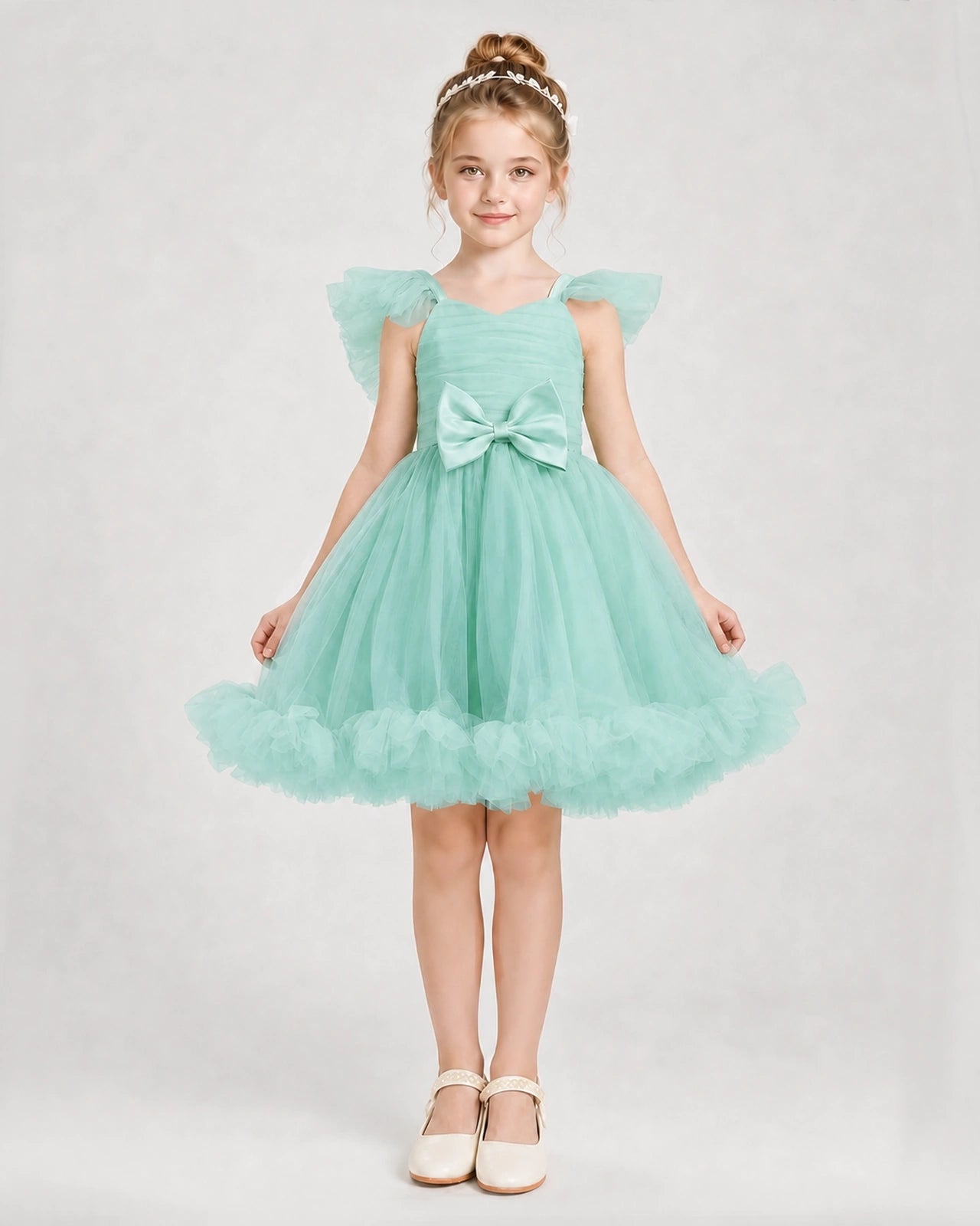 Turquoise Satin Tulle A-line Girls Formal Dress Front View