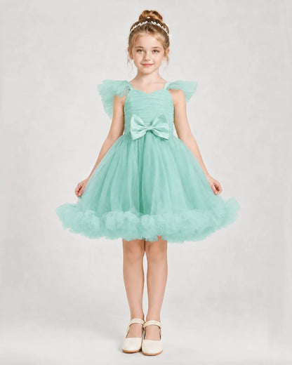 Turquoise Satin Tulle A-line Girls Formal Dress Front View