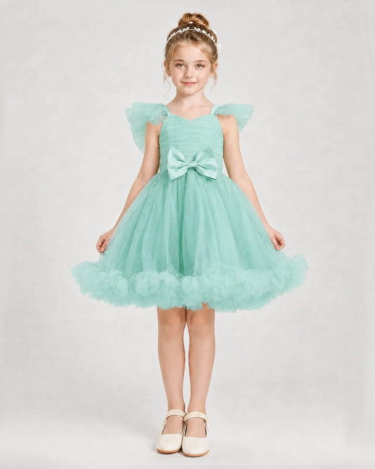 Turquoise Satin Tulle A-line Girls Formal Dress Front View