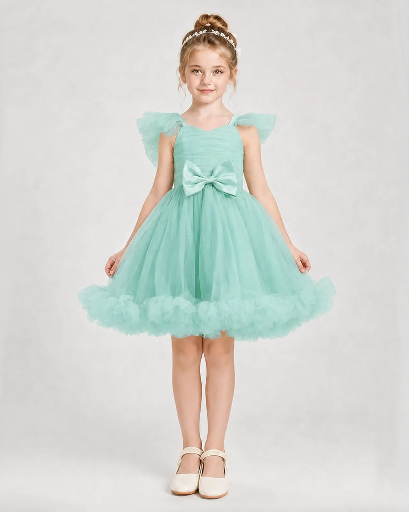 Turquoise Satin Tulle A-line Girls Formal Dress Front View