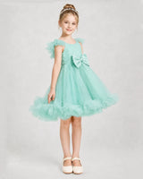Turquoise Satin Tulle A-line Girls Formal Dress Side View