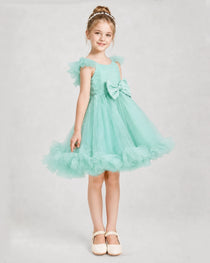 Turquoise Satin Tulle A-line Girls Formal Dress Side View