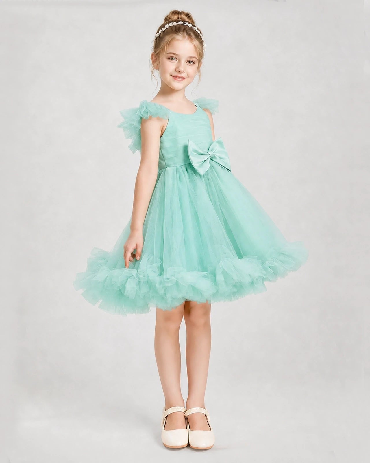 Turquoise Satin Tulle A-line Girls Formal Dress Side View