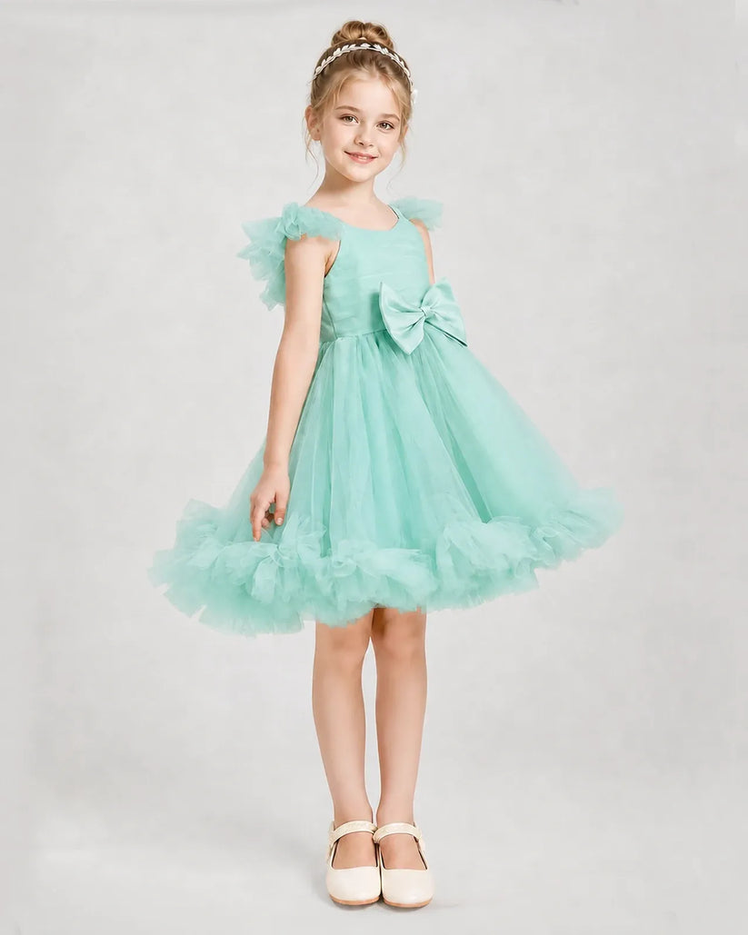 Turquoise Satin Tulle A-line Girls Formal Dress Side View