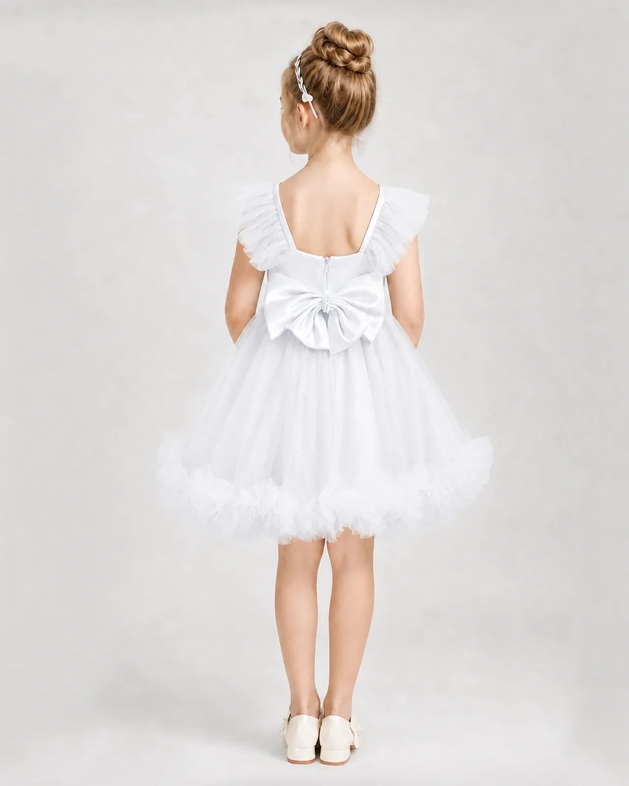 White Satin Tulle A-line Girls Formal Dress Back View