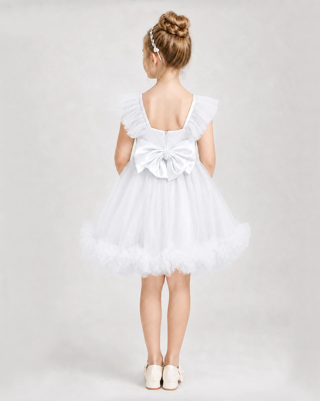 White Satin Tulle A-line Girls Formal Dress Back View