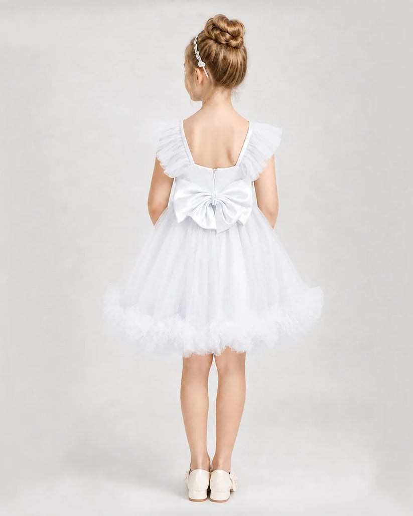 White Satin Tulle A-line Girls Formal Dress Back View