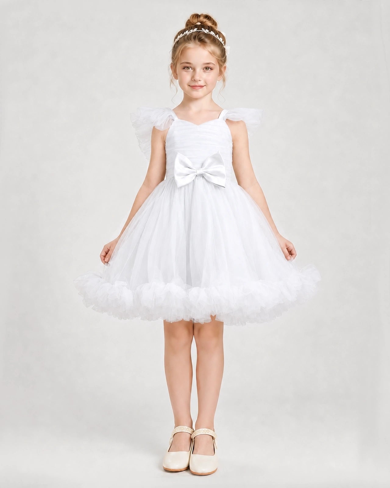 White Satin Tulle A-line Girls Formal Dress Front View