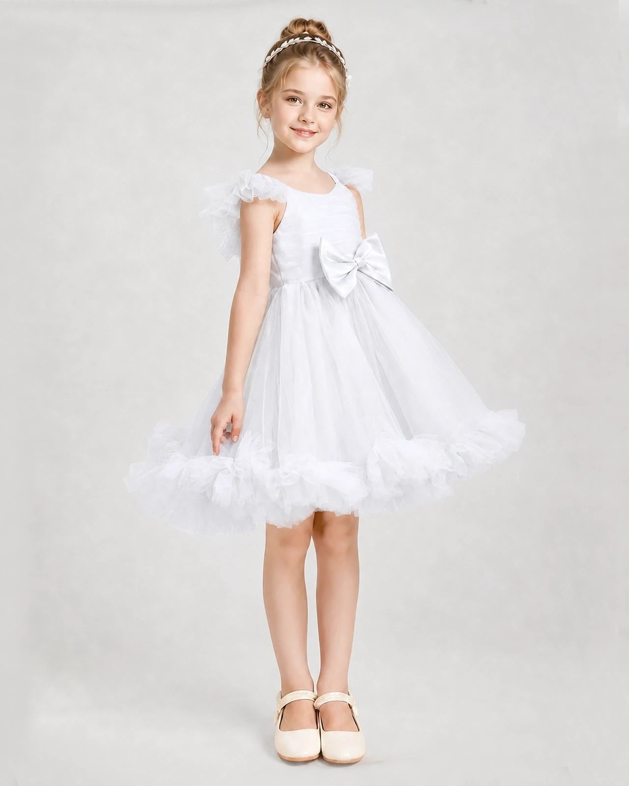White Satin Tulle A-line Girls Formal Dress Side View
