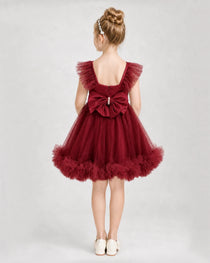 Wind Red Satin Tulle A-line Girls Formal Dress Back View