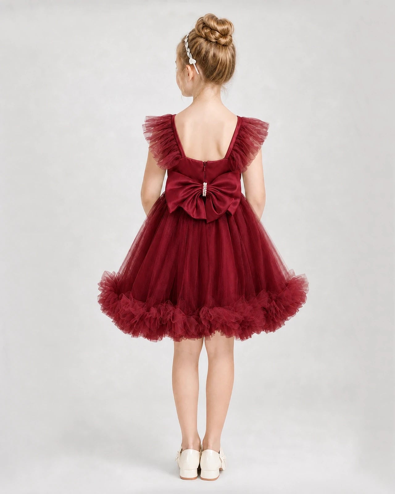 Wind Red Satin Tulle A-line Girls Formal Dress Back View