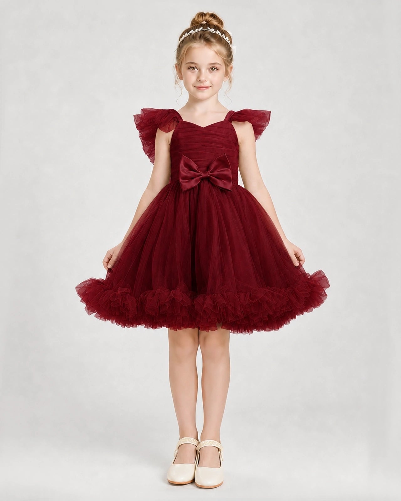Wind Red Satin Tulle A-line Girls Formal Dress Front View