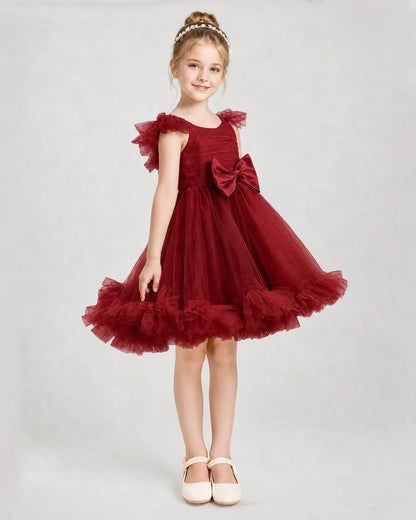 Wind Red Satin Tulle A-line Girls Formal Dress Side View